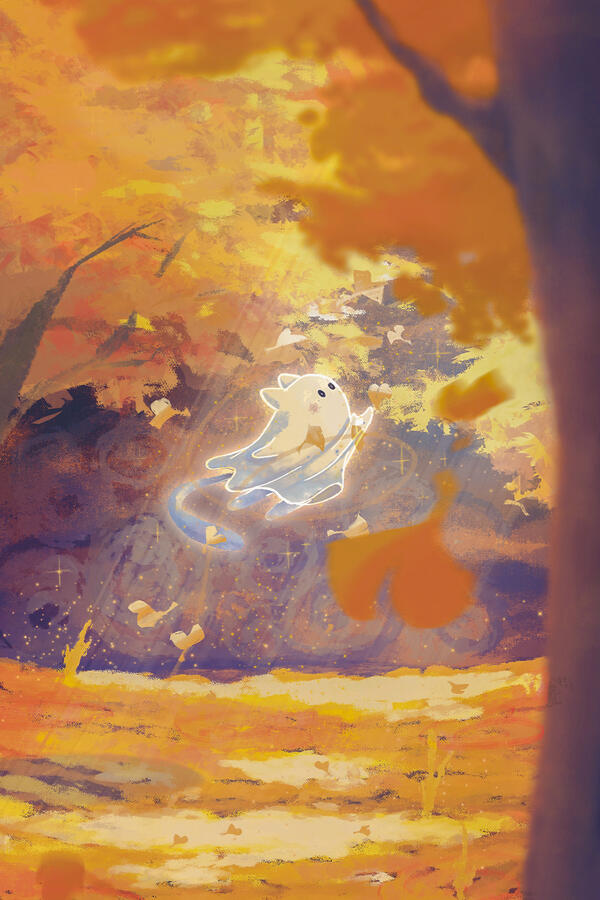 Ghost Cat Dancing with Fallen Leaves